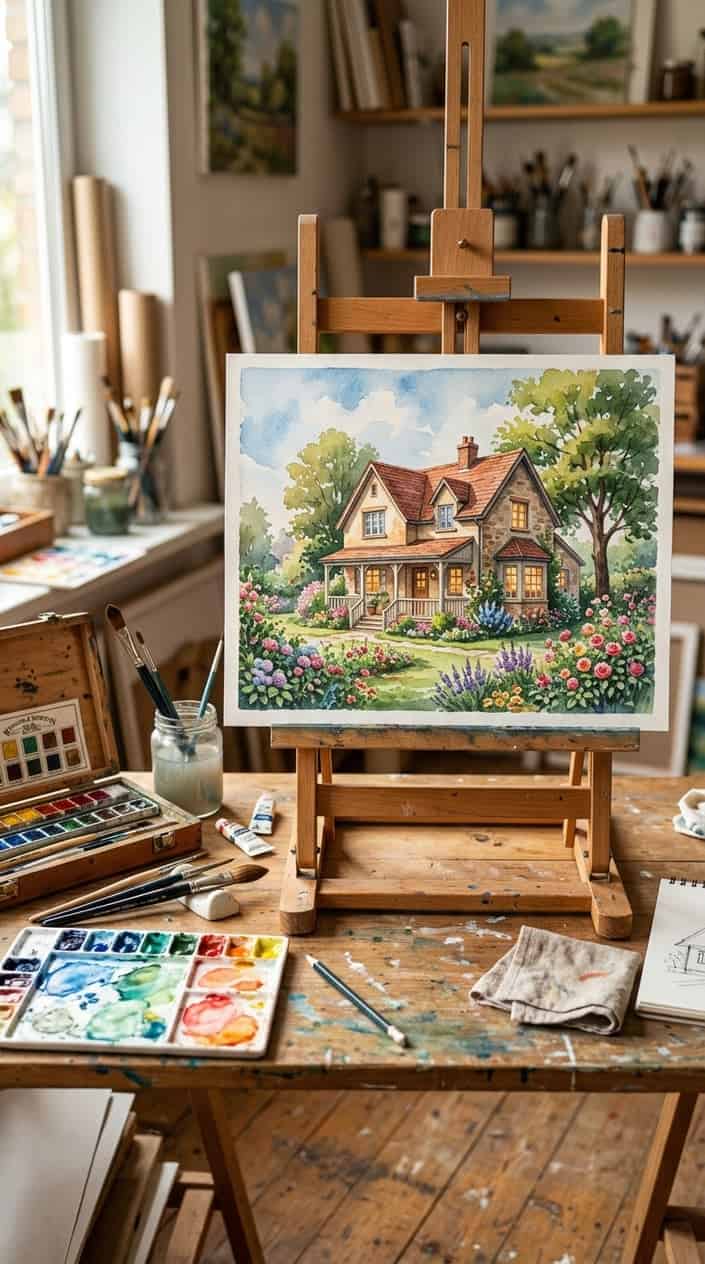 18 Birthday Gift Ideas for the Friend Whose Mom Already Bought Her Everything 6 A hand-painted watercolor portrait of a cozy childhood home displayed on an easel in an artist's studio.