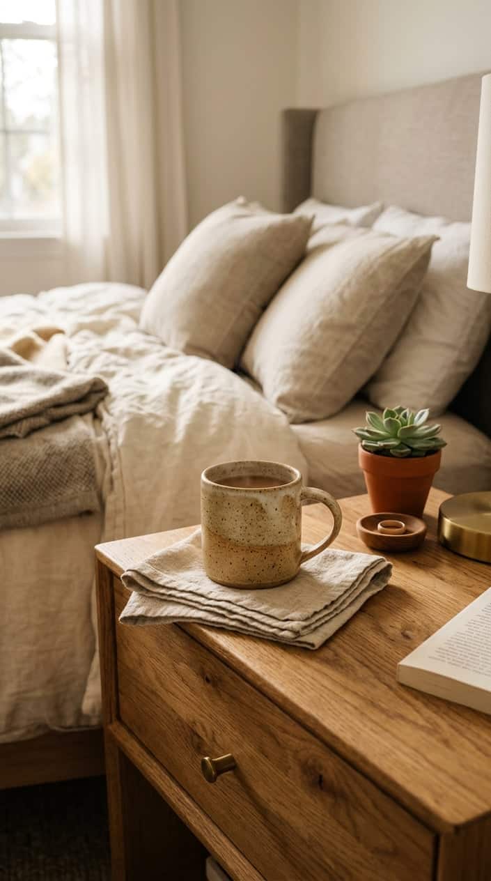 A hand-thrown pottery mug sitting on a wooden nightstand with a small plant and a folded cloth in a cozy bedroom.