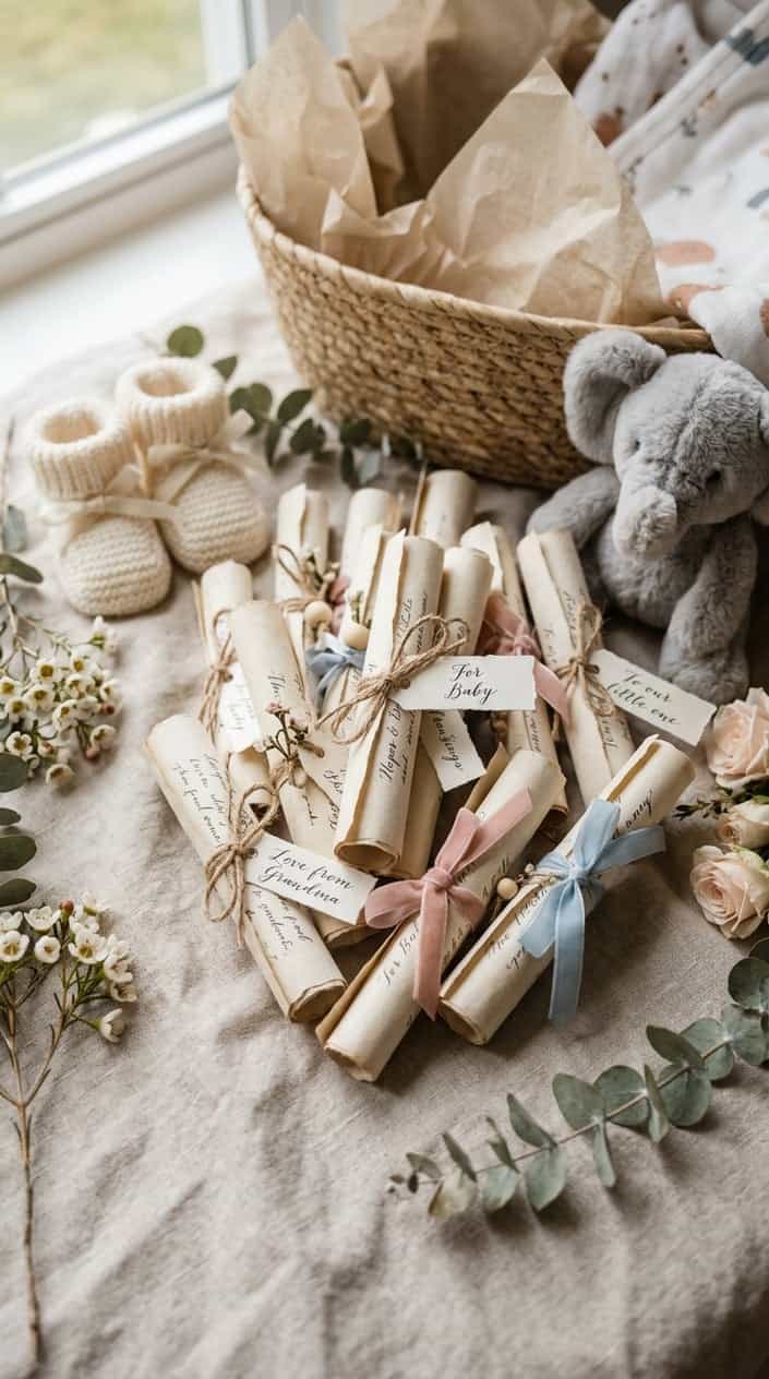 Several small handwritten letters rolled into scrolls tied with twine, placed alongside baby shower items like booties and a plush toy.