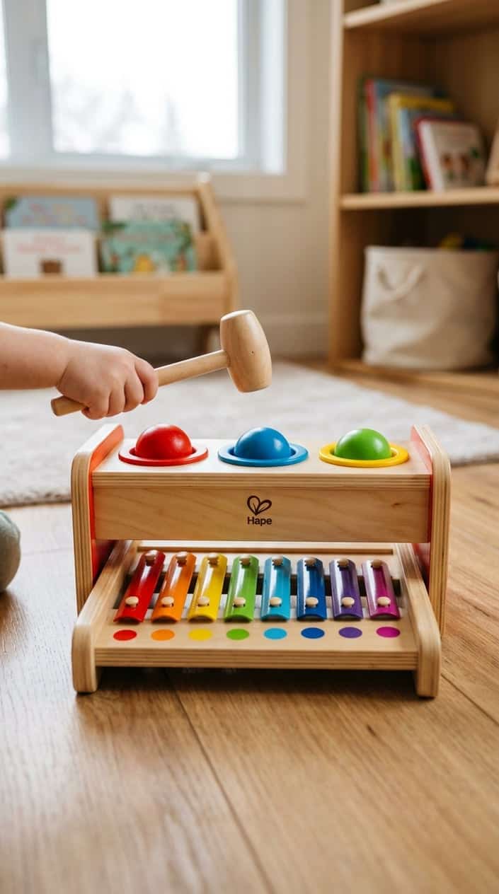 A wooden Hape Pound & Tap Bench with colorful xylophone keys on a clean surface in a bright playroom.