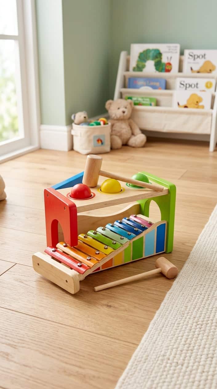 A colorful wooden baby toy with a pound bench and slide-out xylophone on a light wooden floor in a bright nursery room.