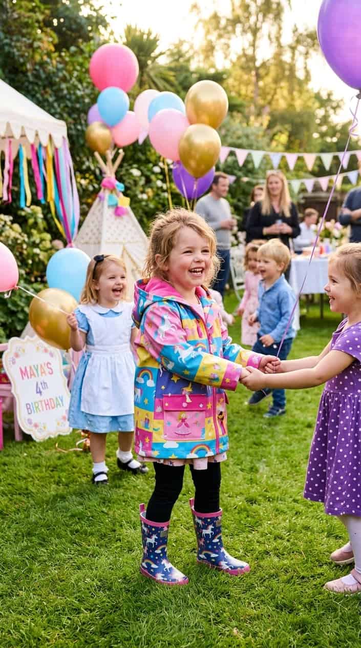 Princess Outfits a Four-Year-Old Will Keep On 26 Smiling four-year-old in a bright yellow and multicolor unicorn-print raincoat with a pointy hood at an outdoor children's party