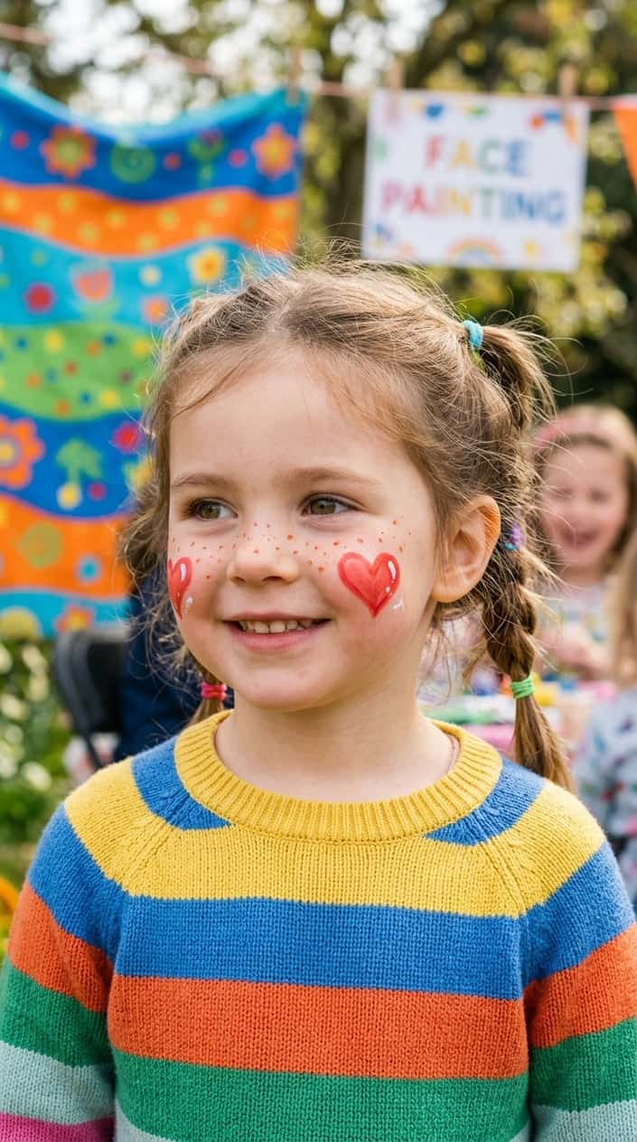 A smiling child with heart-shaped face paint and freckles on their cheeks in a colorful, playful setting.