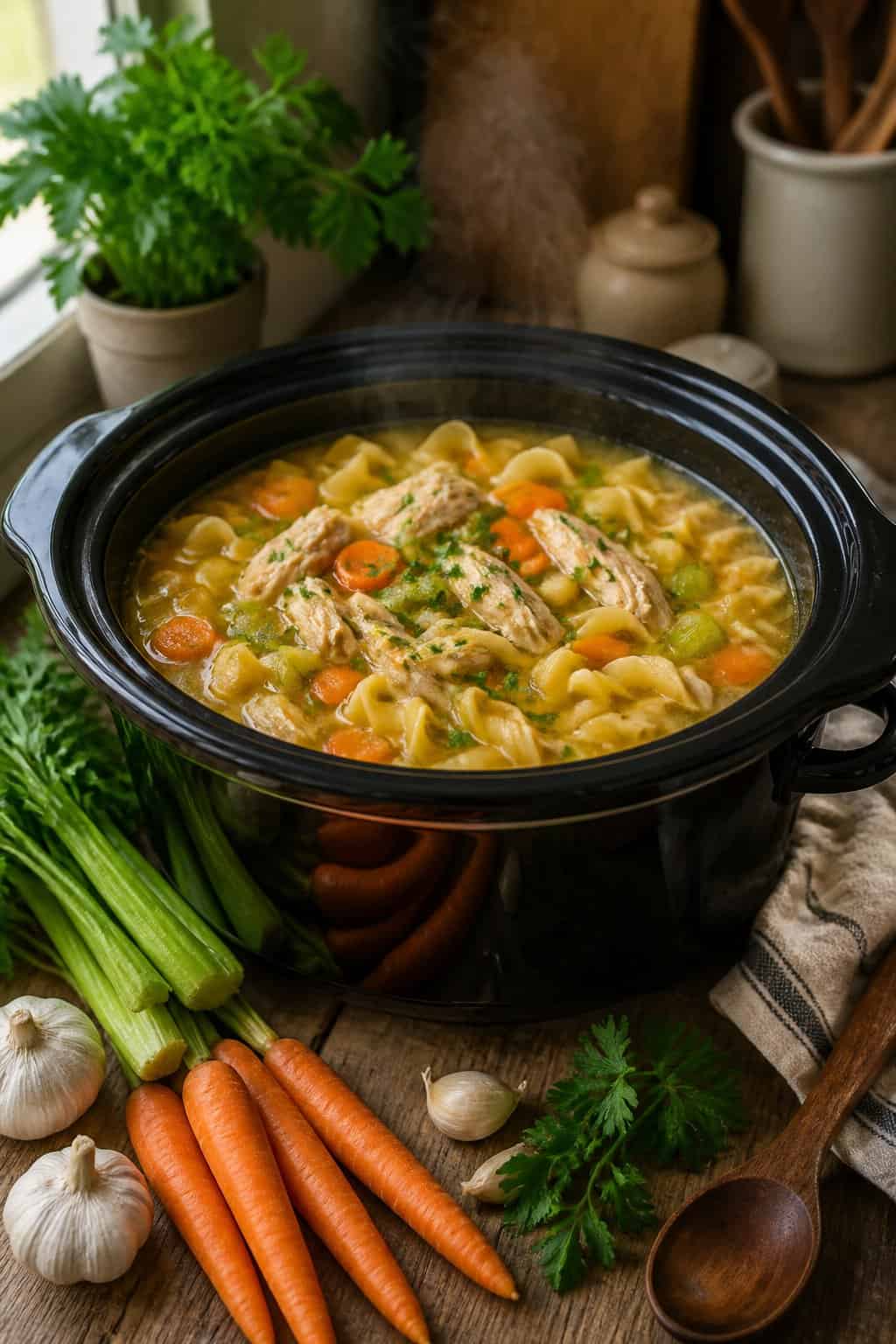 A crockpot filled with steaming chicken noodle soup on a wooden table surrounded by fresh vegetables and herbs.