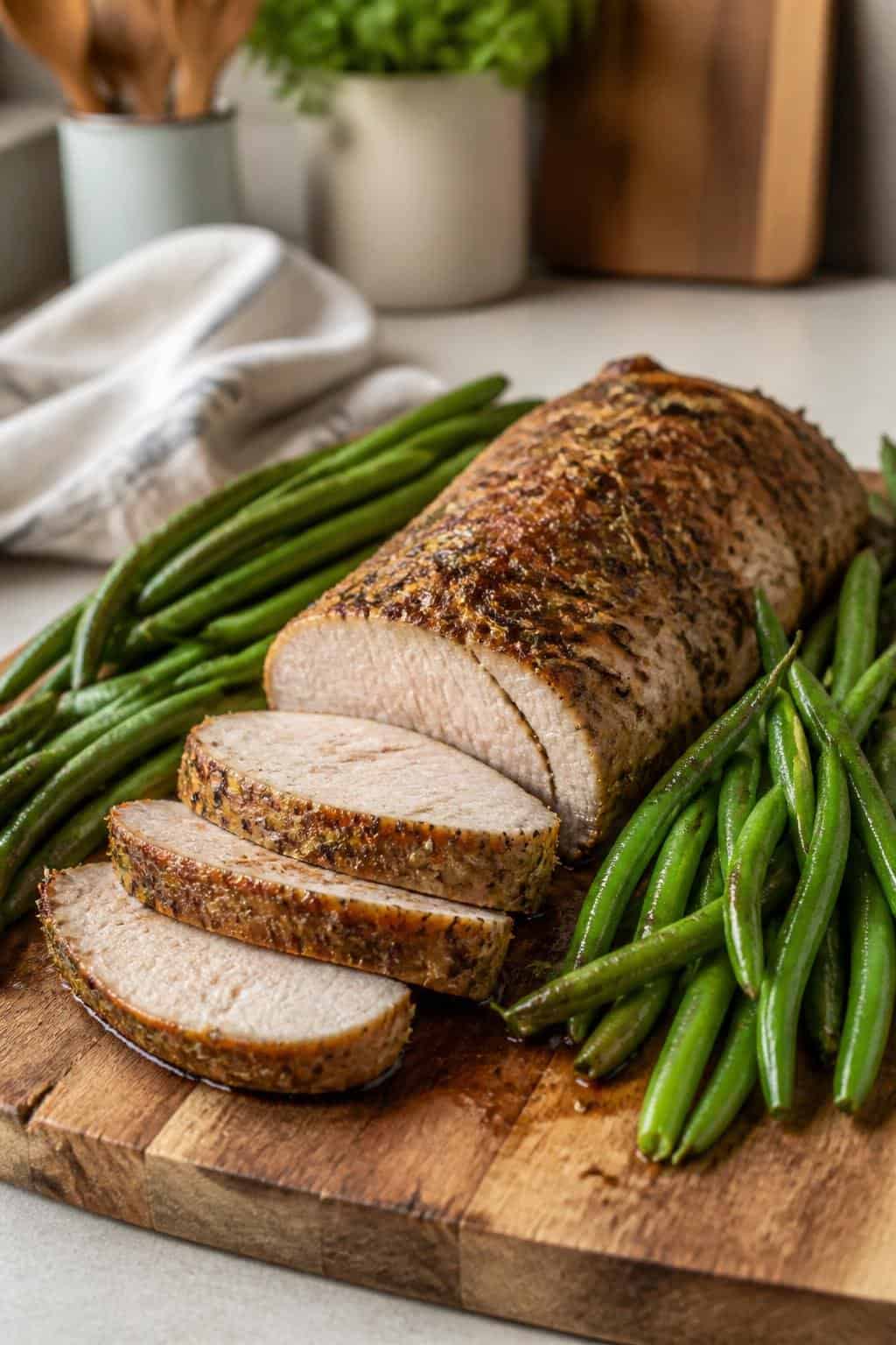 A sliced herb-crusted pork tenderloin surrounded by tender roasted green beans and thin lemon rounds on a wooden cutting board set on a kitchen countertop.