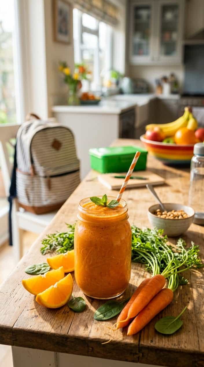 A bright orange carrot and orange smoothie in a clear glass on a kitchen counter, with two whole raw carrots, a halved orange, and a few loose spinach leaves in the foreground and a soft-focus lunchbox and school bag visible in the background.