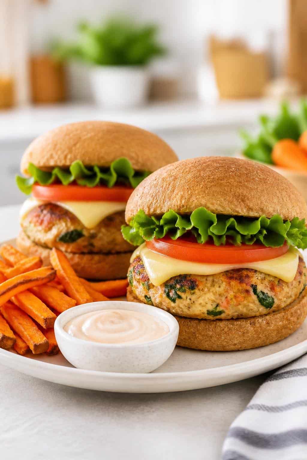 Two chicken burgers with visible vegetables, lettuce, tomato, and cheese on a plate with sweet potato fries and dipping sauce on a kitchen table.