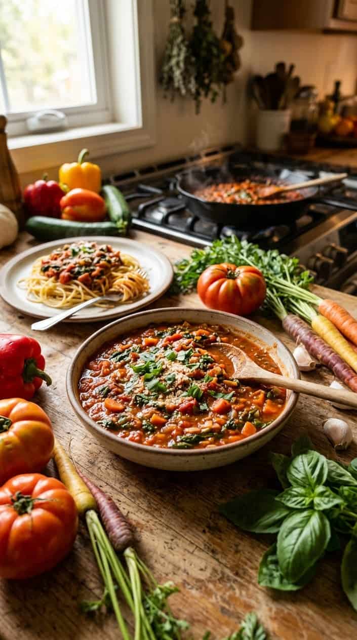 20 Easy Kid-Friendly Meals Made From Scratch 4 A bowl of homemade spaghetti sauce with hidden vegetables on a wooden countertop surrounded by fresh ingredients and a plate of spaghetti pasta.