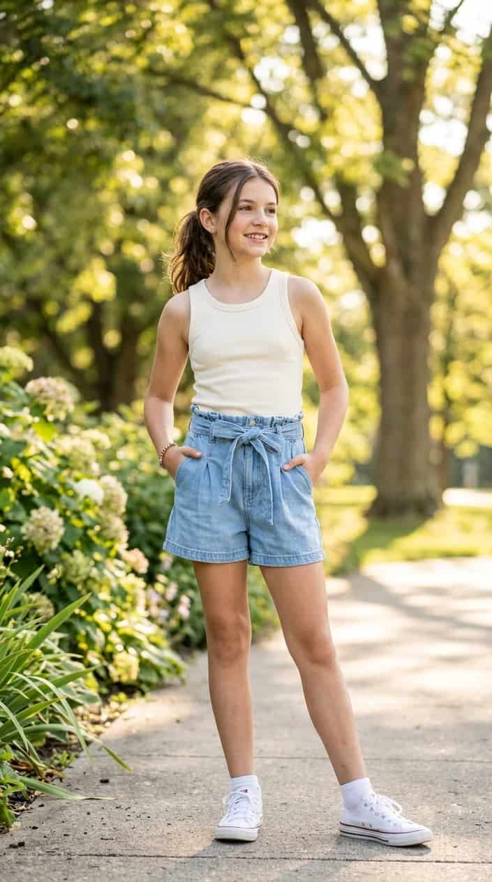 18 Tween Girl Outfits for the Summer They Outgrow Every Shirt 15 A tween girl standing outdoors wearing high-rise paperbag shorts and a summer top.