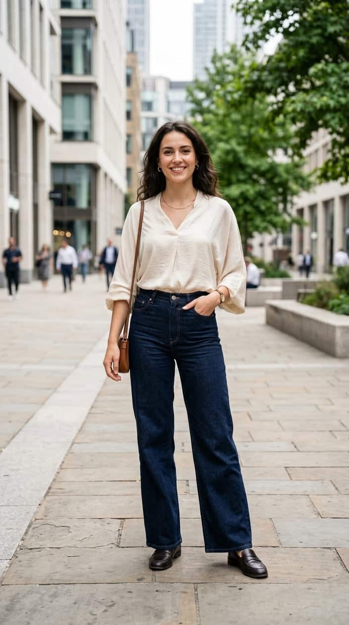A young woman stands outdoors in a city setting wearing wide-leg jeans and a silk blouse.