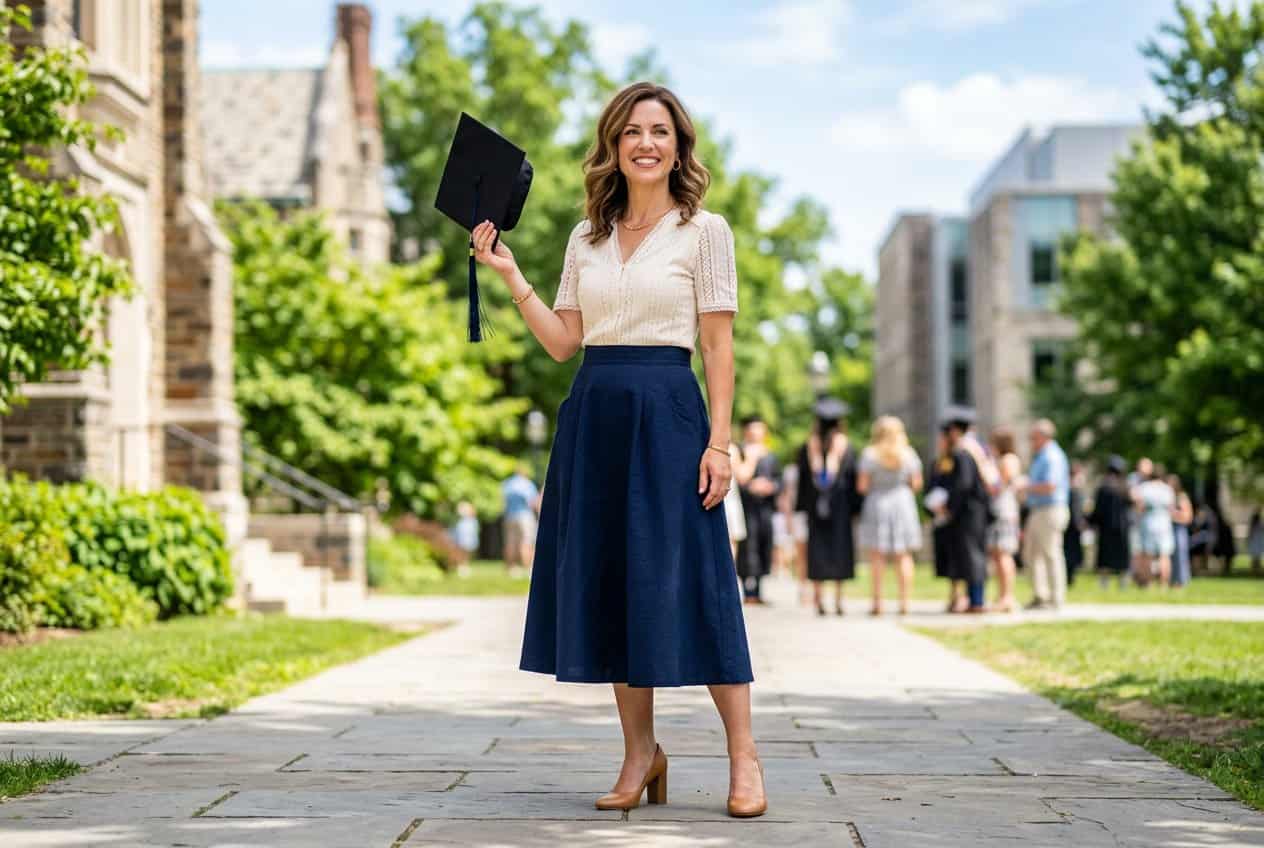 A woman standing outside on a sunny day in a high-waist midi A-line skirt and a tucked-in fitted blouse, holding a graduation cap and smiling broadly.