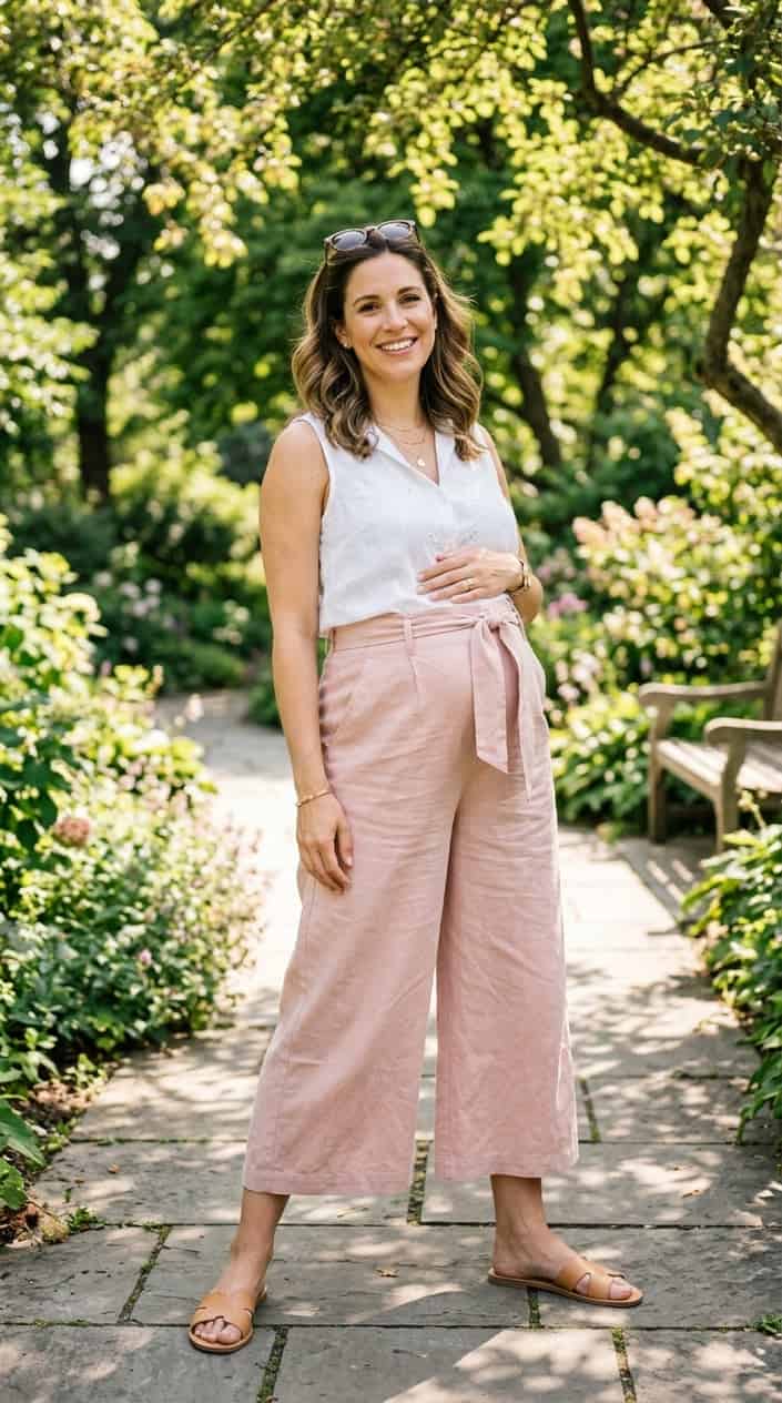 Pregnancy Outfits for a Hot Summer 8 Pregnant woman standing outdoors wearing pink high-waist culottes and a white top on a sunny summer day.