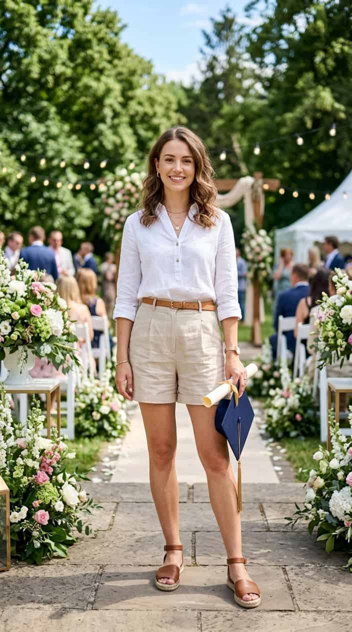 A young woman standing outdoors wearing high-waist tailored shorts and a tucked-in linen blouse at a summer event.
