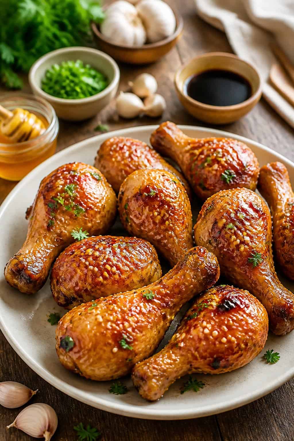 Glossy honey-garlic baked chicken drumsticks on a white plate, topped with parsley and sesame seeds, with small ingredient bowls arranged on a warm wooden table.