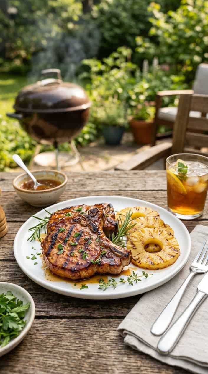 Honey-garlic pork chops with grilled pineapple on a plate set on a wooden table outdoors with a charcoal grill and greenery in the background.