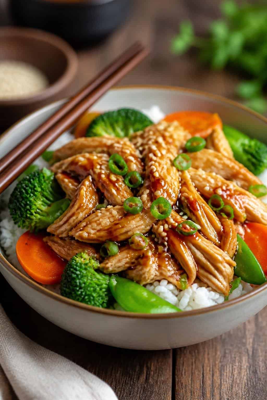 A white bowl of glossy honey-garlic shredded chicken served over steamed white rice with bright green broccoli florets and a sprinkle of sesame seeds and sliced green onions.