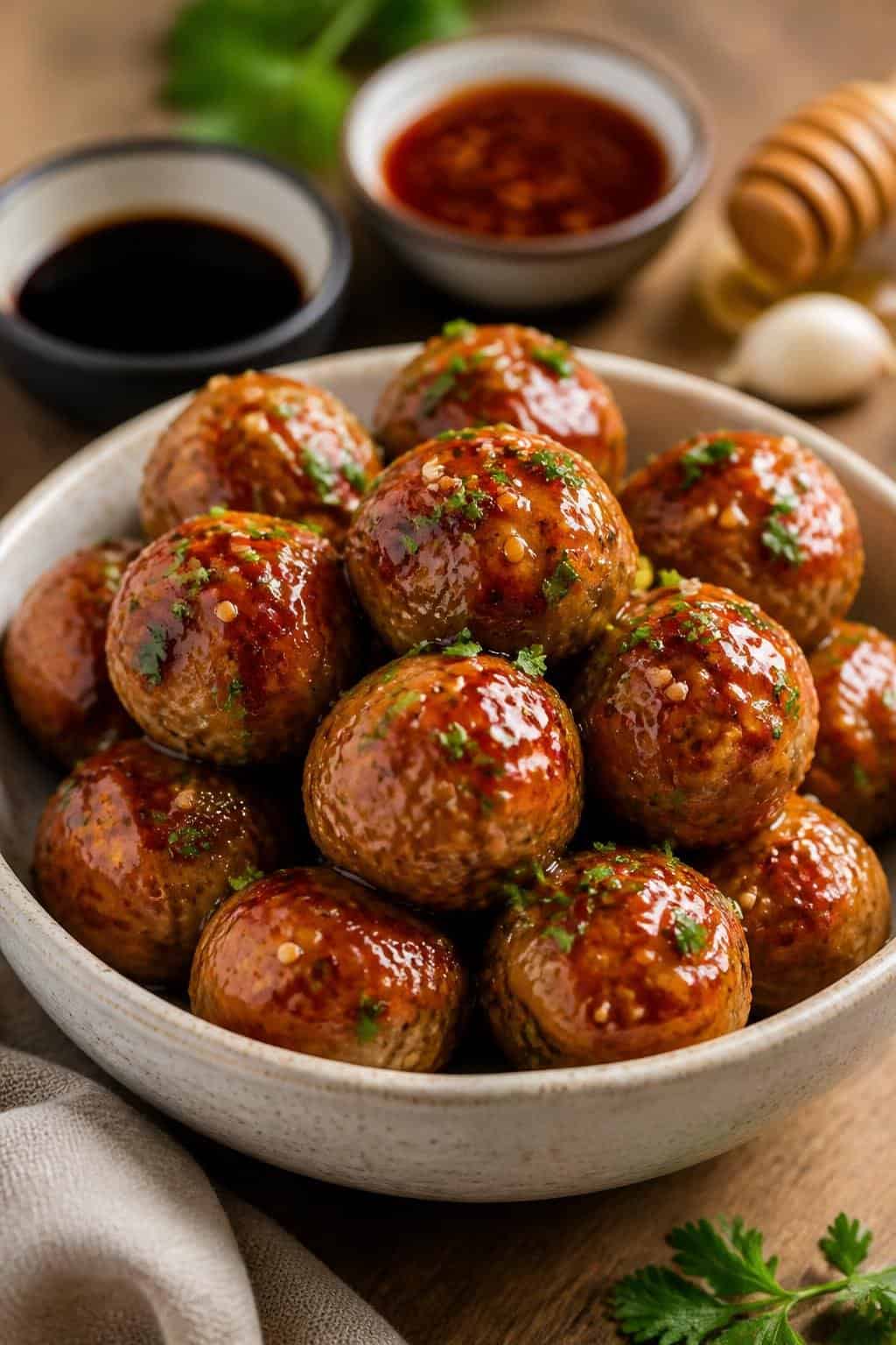 Close-up of honey-garlic sticky chicken meatballs in a white bowl garnished with herbs and sesame seeds on a wooden table with dipping sauces and fresh ingredients in the background.