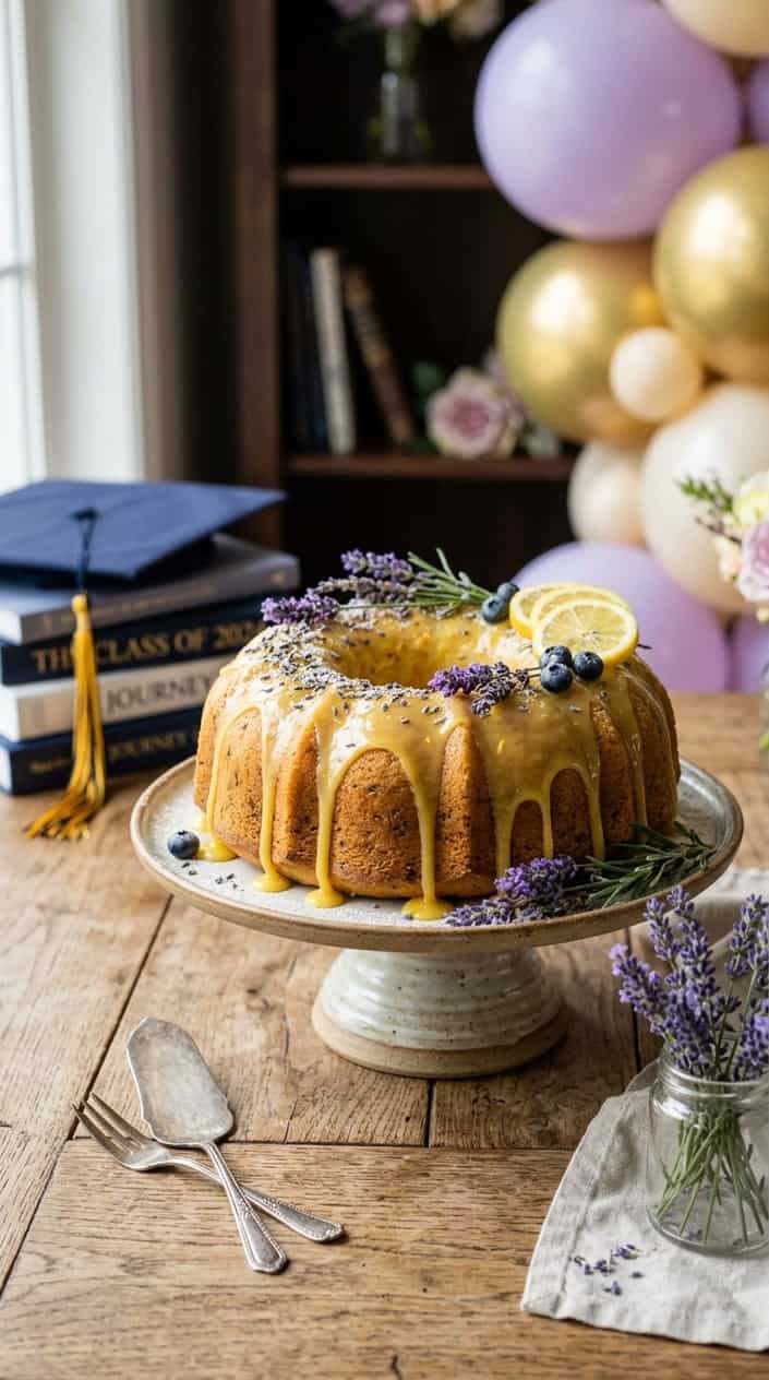 A honey lavender lemon drizzle cake on a wooden table with lavender sprigs on top and blurred graduation decorations in the background.