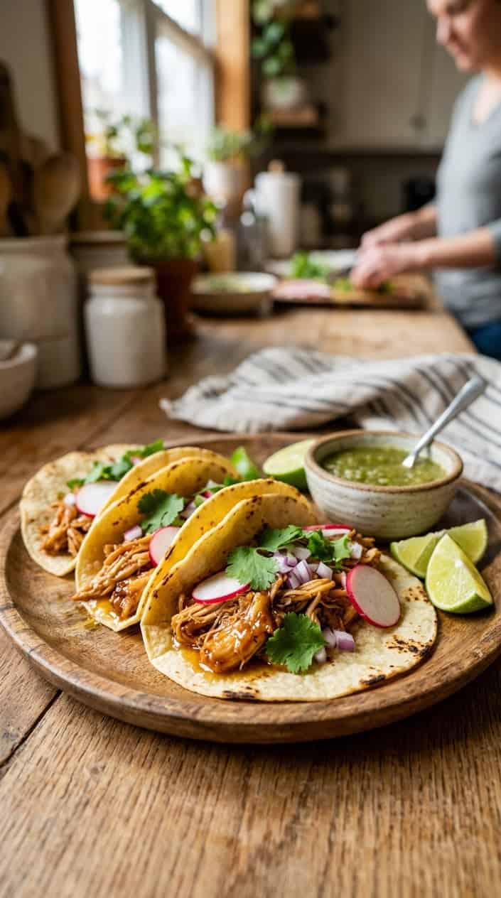 17 Crockpot Chicken Tacos and Bowls for Busy Families 10 Close-up of honey-lime shredded chicken tacos on a small wooden plate with bright lime wedges alongside and a small dish of red salsa set in a warm kitchen.