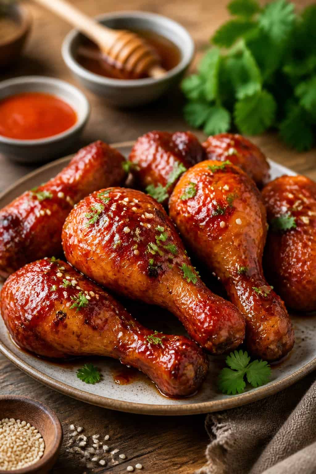 Deeply glazed honey-Sriracha chicken drumsticks on a white plate with bright herb garnish and two small sauce ramekins on a wood table.