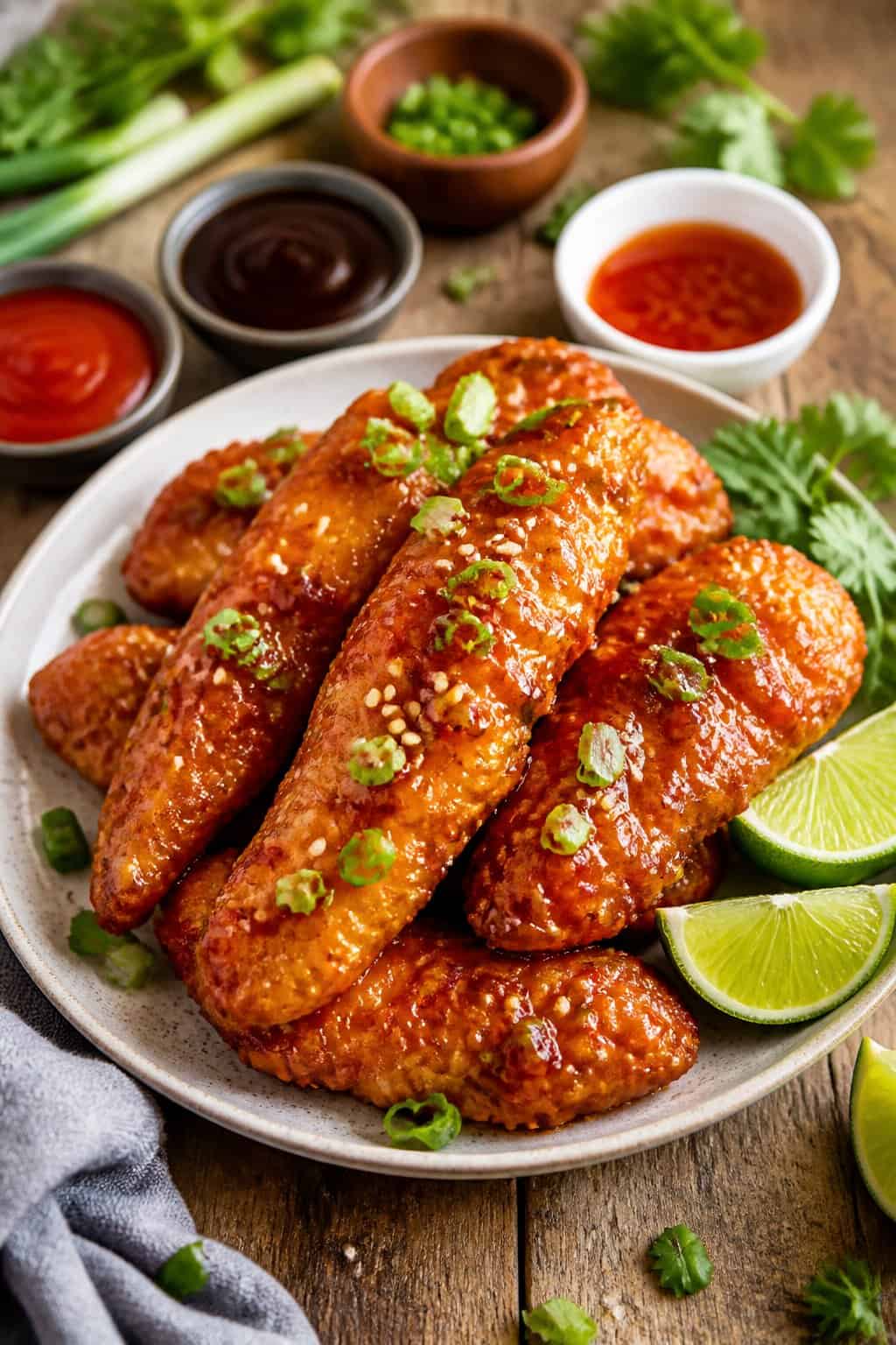 A plate of honey-sriracha glazed chicken tenders garnished with green onions and sesame seeds, served with dipping sauces and lime wedges on a wooden table.