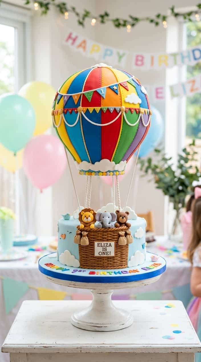 A colorful hot air balloon cake with a sugar basket on a white stand against a pastel background.