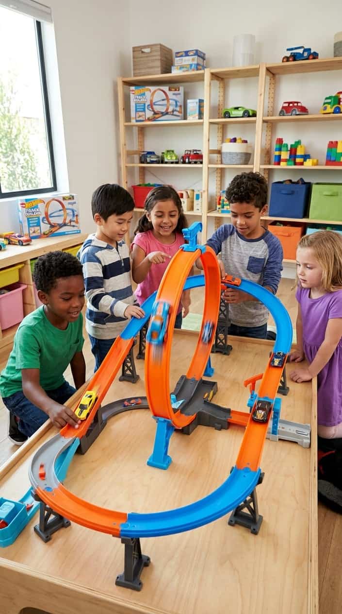 Children playing with a Hot Wheels loop track, racing cars on a colorful toy track indoors.