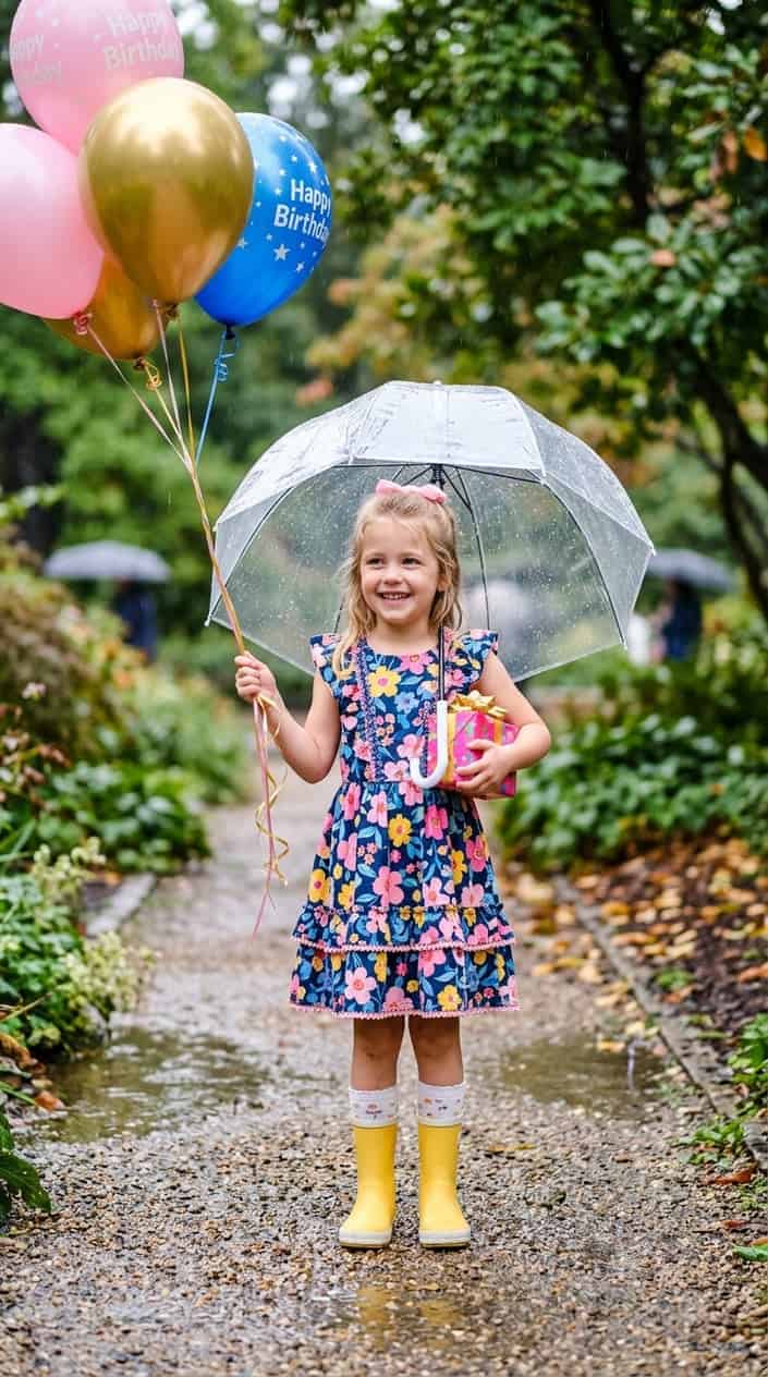 Little Girl Dress Styles for a Rainy Birthday Party 17 A little girl in a colorful dress holding a transparent umbrella outdoors on a rainy day, smiling and celebrating her birthday.