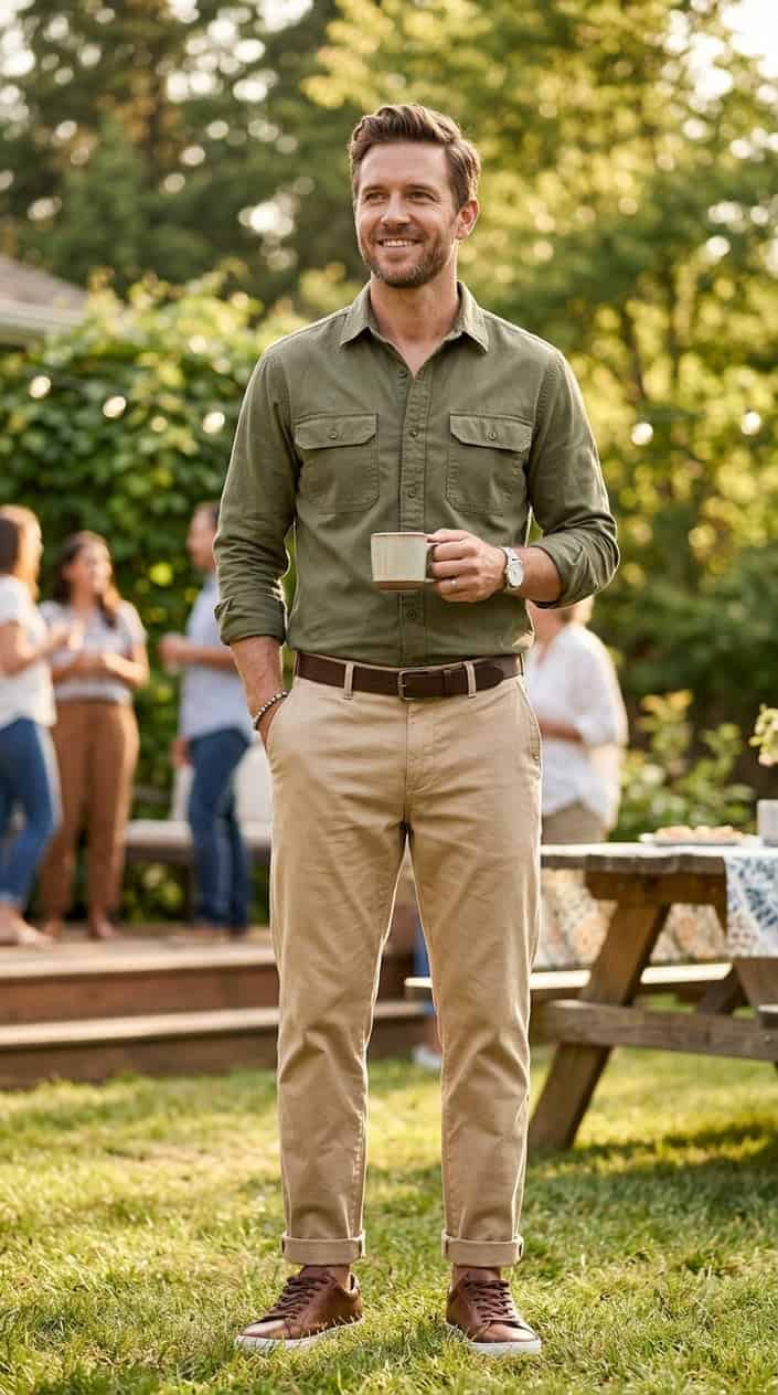 Summer Family Picture Outfits That Coordinate Without Looking Matchy 20 A man standing outdoors wearing an olive green shirt and rolled-up light-colored chinos in a relaxed pose.