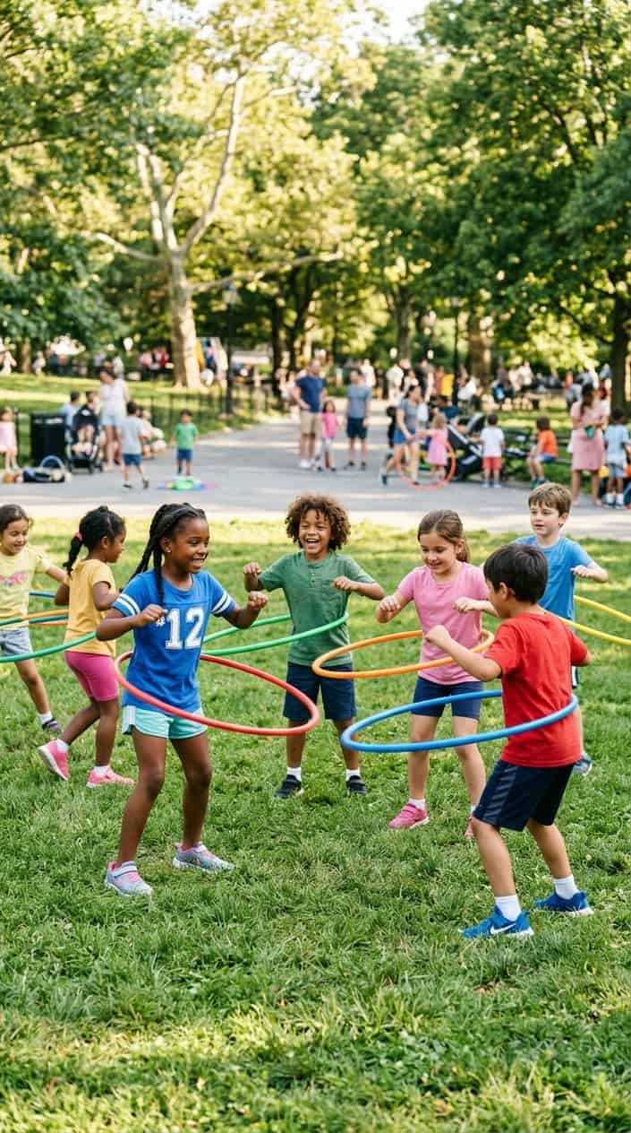 Physical Activities for Kids to Burn Off Energy 23 Children outdoors spinning colorful hula hoops around their waists during a playful endurance challenge.