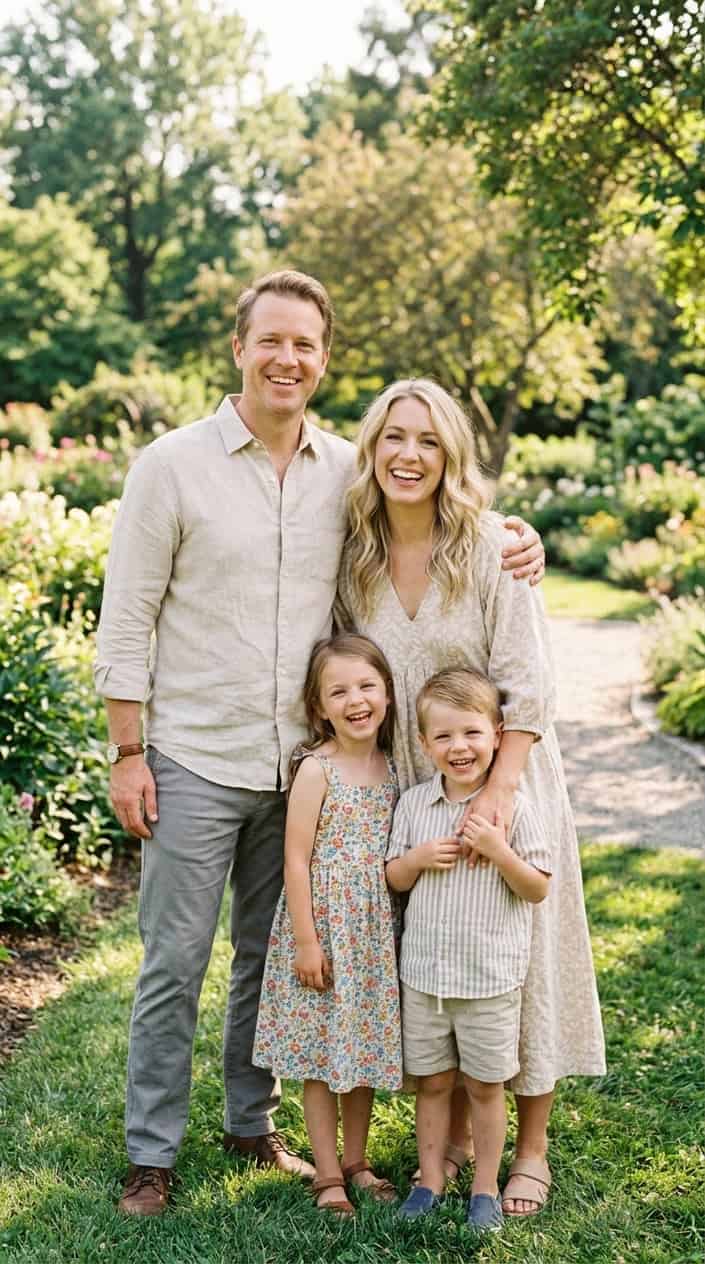 Summer Family Picture Outfits That Coordinate Without Looking Matchy 2 A man and woman standing outdoors smiling together, wearing light-colored summer clothing.