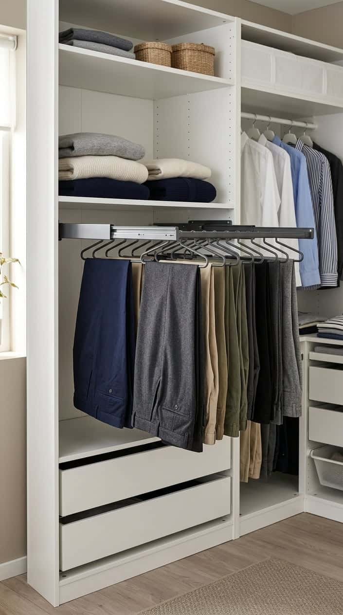 An open closet with an Ikea pull-out trouser hanger holding neatly hung trousers and organized clothing on shelves.