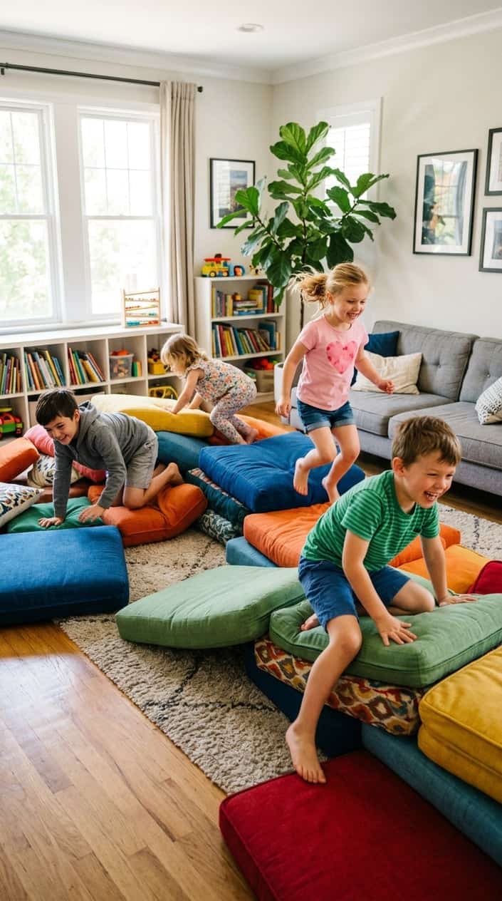 Children climbing and playing on colorful couch cushions arranged as an indoor obstacle course in a bright living room.