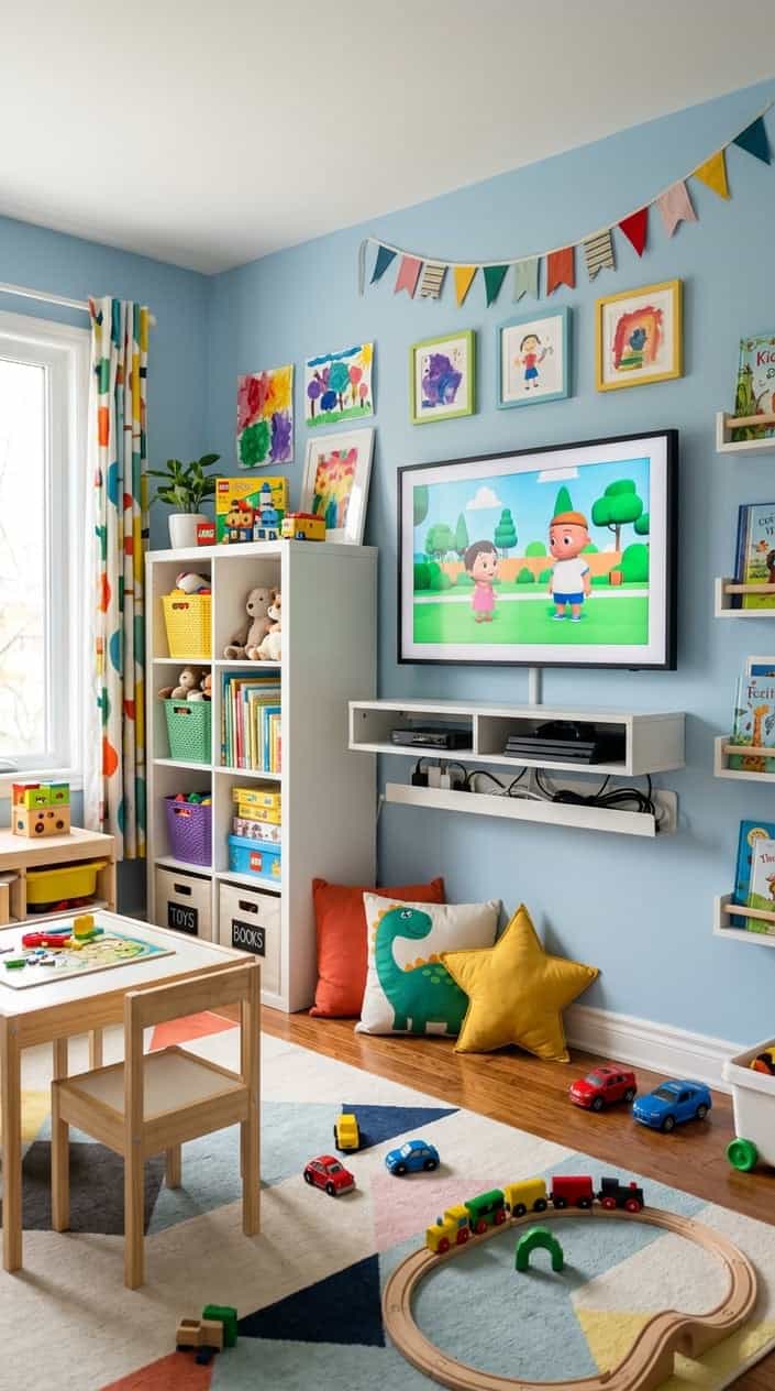 Children's room with a wall-mounted TV, a cable tray hiding cords below it, and a Kallax shelving unit filled with toys and books.