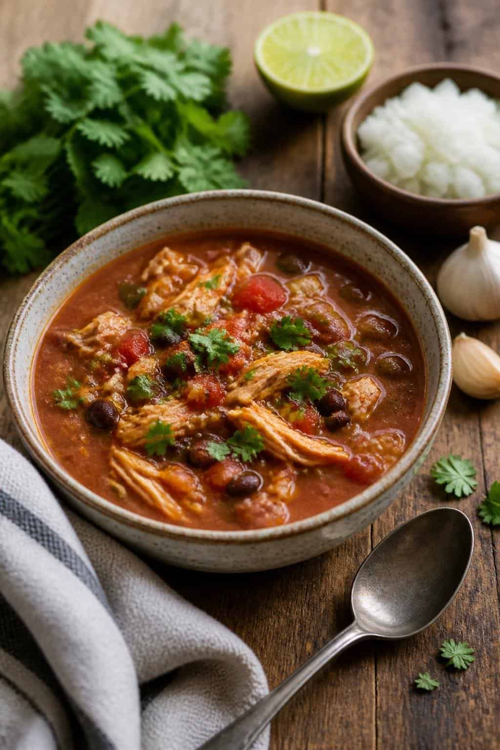 A deep bowl of shredded chicken chili with visible black beans and diced tomatoes, a spoon resting against the rim, surrounded by fresh cilantro sprigs on a wooden table.