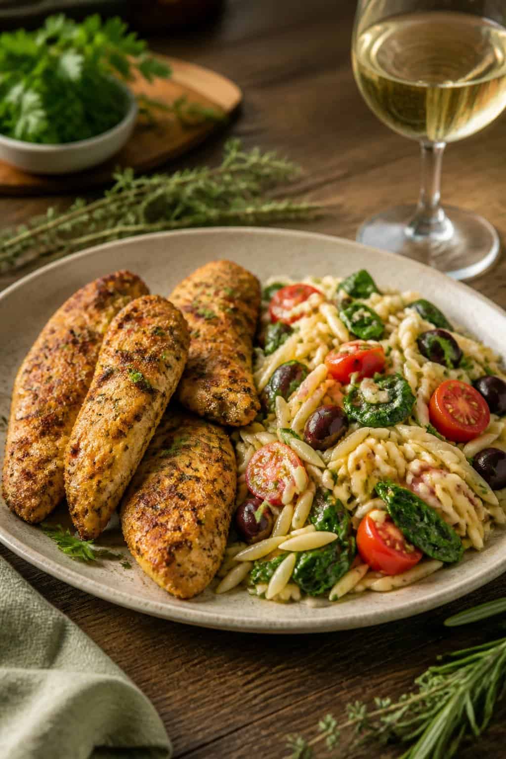 A plate of Italian herb chicken tenders served with orzo pasta salad on a wooden table.