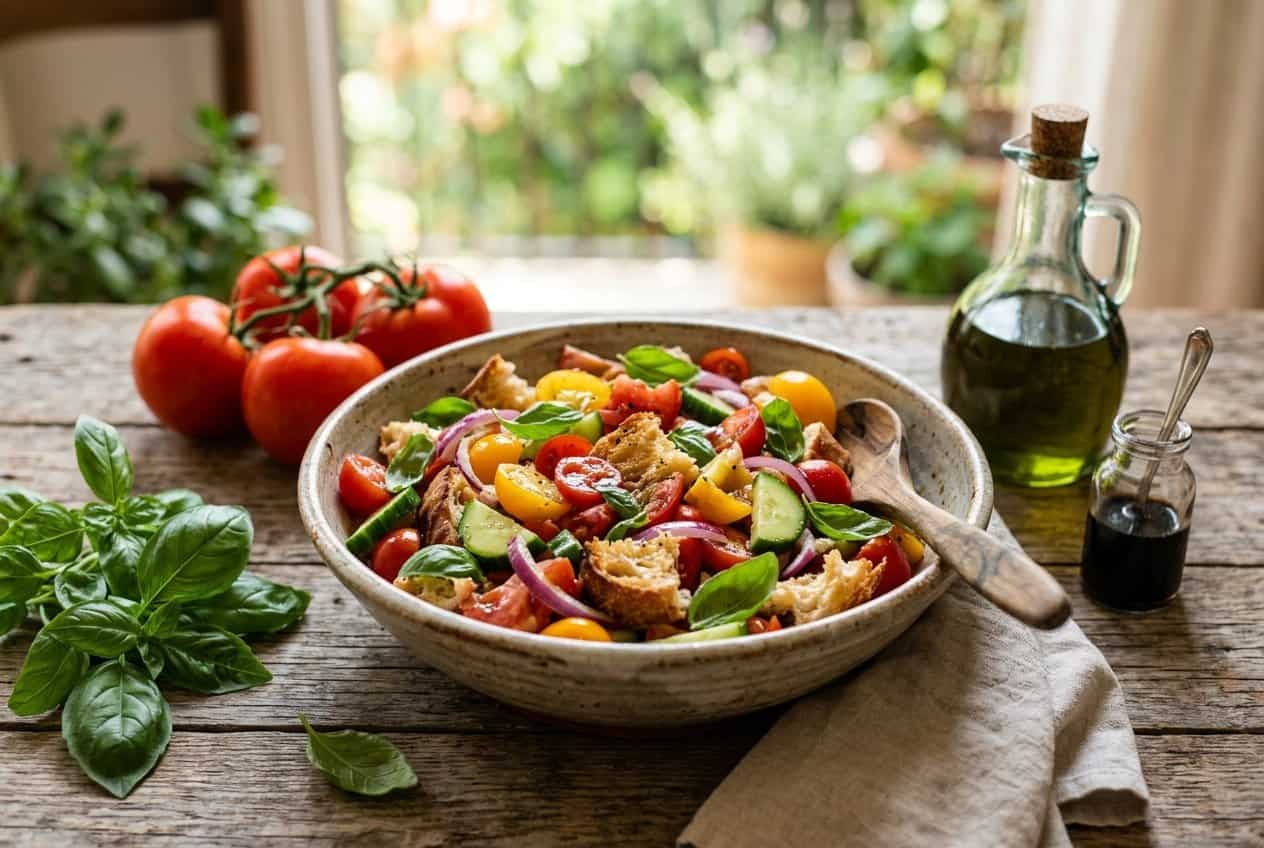 A rustic bowl of Italian panzanella with golden toasted bread cubes soaking in tomato juices, surrounded by chopped ripe tomatoes, sliced cucumber, thin red onion rings, and fresh basil, with whole tomatoes and a bottle of olive oil in the background.