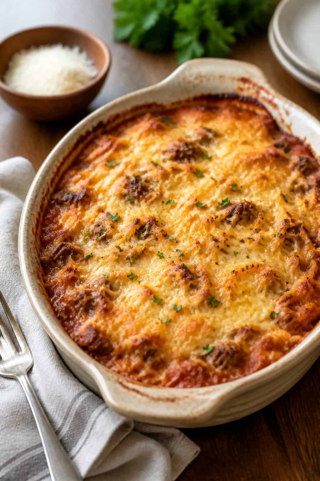 A baked casserole with golden hashbrown topping, Italian sausage, and marinara sauce in a ceramic dish on a wooden table.