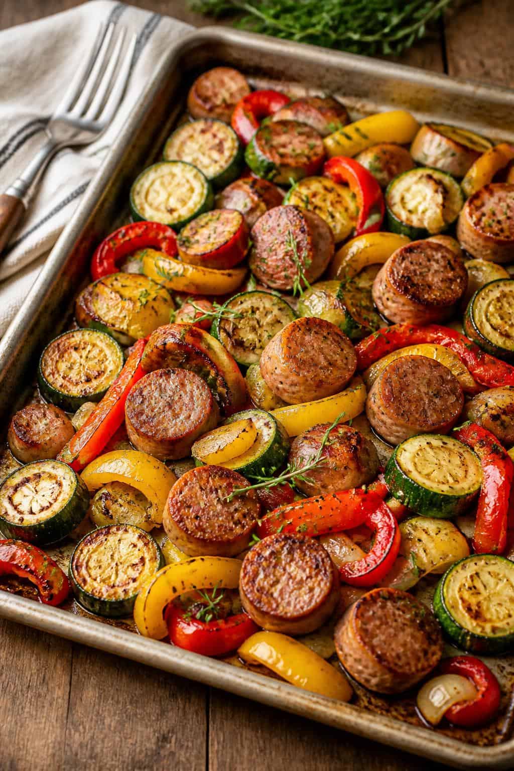 15 Budget Sheet Pan Dinners With Almost No Cleanup 11 Sliced Italian sausage links roasted with thick zucchini rounds and red and yellow bell pepper strips on a foil-lined sheet pan set on a wooden table.