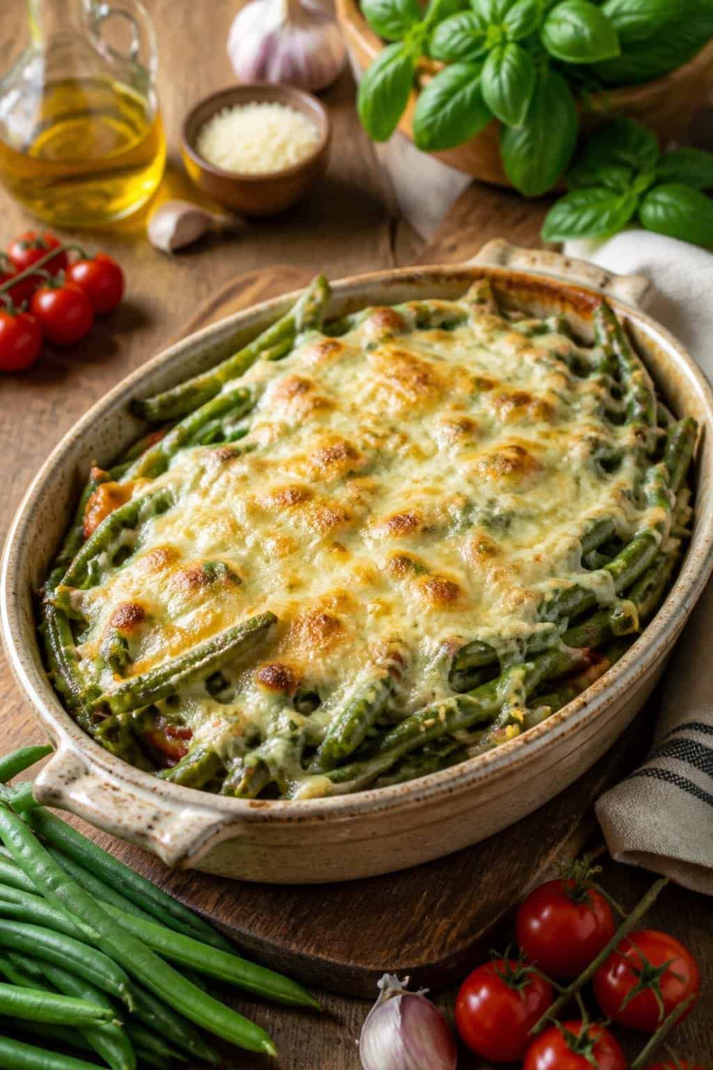 A baked green bean casserole topped with melted, lightly browned mozzarella and golden panko crumbs in a white ceramic dish, with fresh green beans and herb sprigs arranged on the wooden table around it.