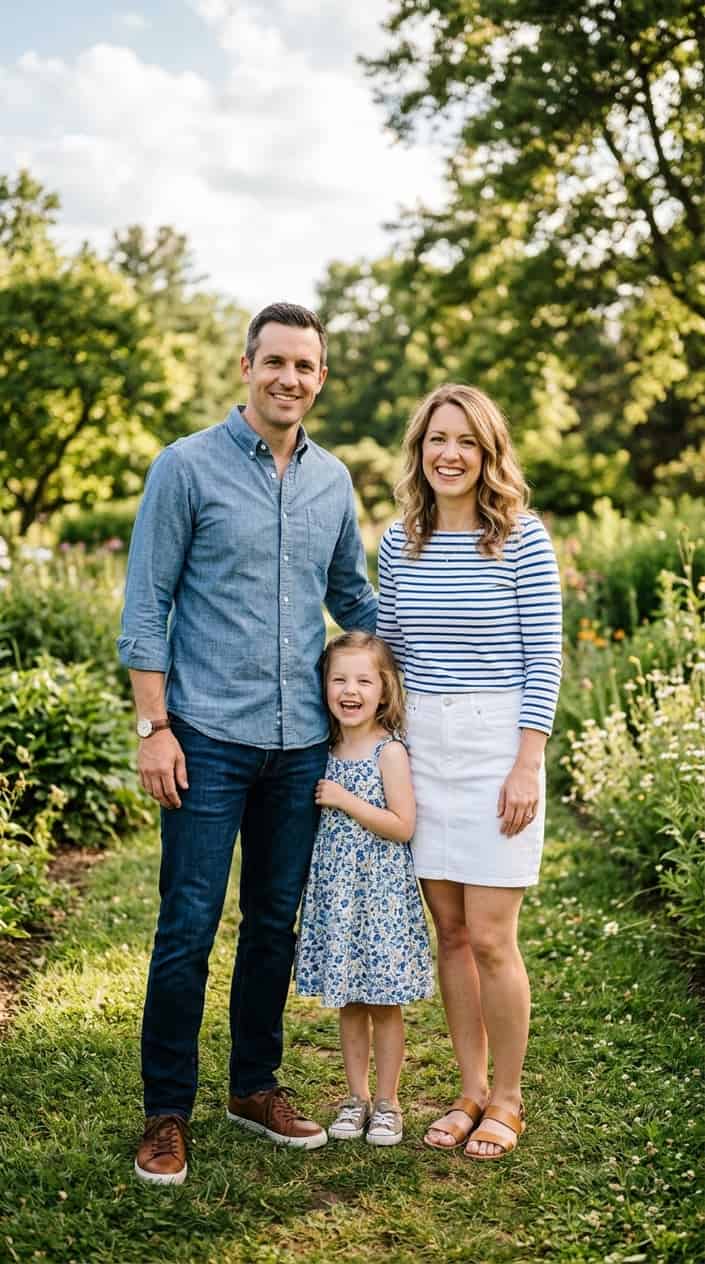 Summer Family Picture Outfits That Coordinate Without Looking Matchy 3 A man and woman standing together outdoors wearing casual summer clothes, smiling and posing for a photo.