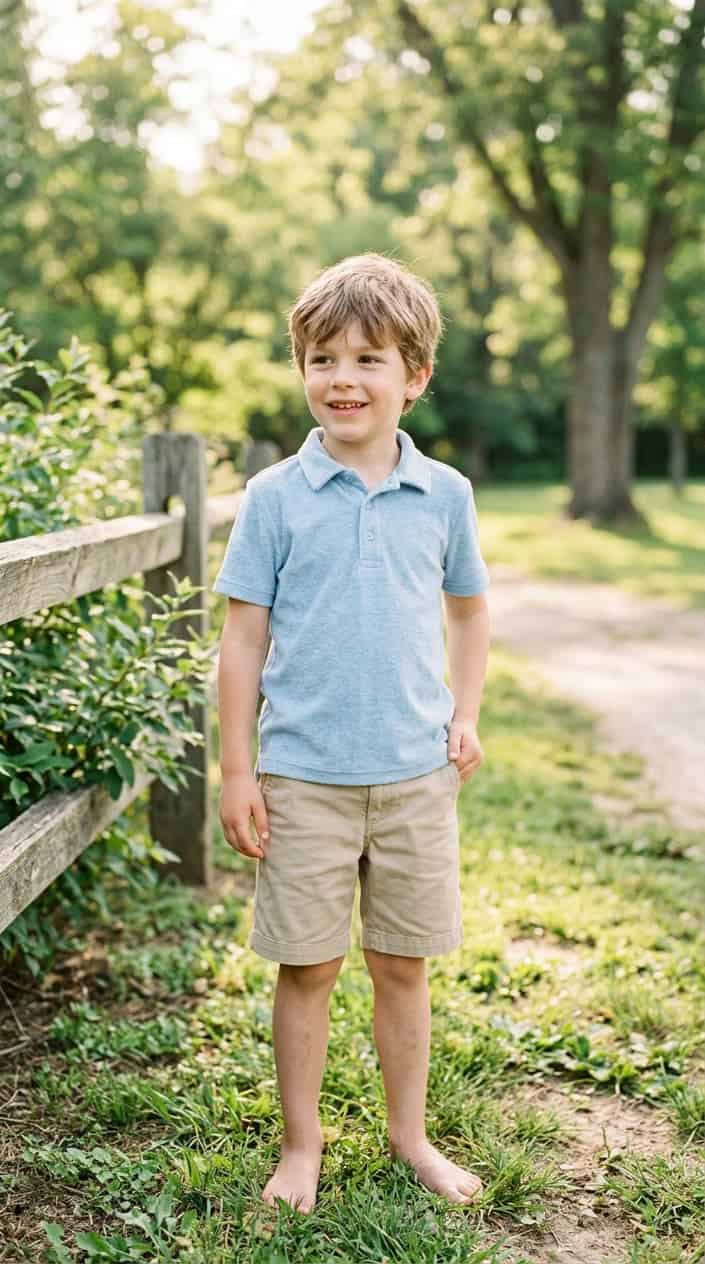Summer Family Picture Outfits That Coordinate Without Looking Matchy 12 A young boy wearing a light polo shirt and khaki shorts standing outdoors with a cheerful expression.