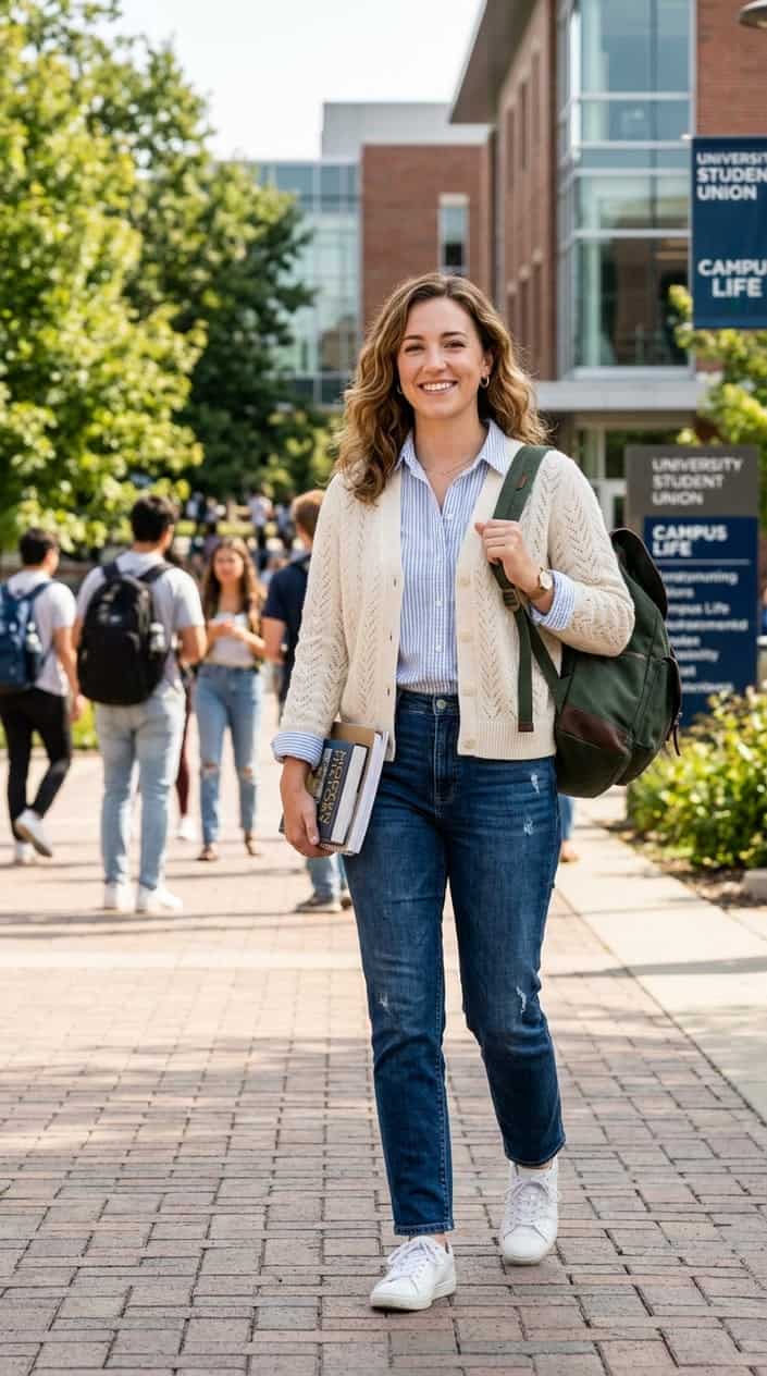 A young woman wearing a cream-colored cardigan stands outdoors near a school campus, holding a backpack and smiling.