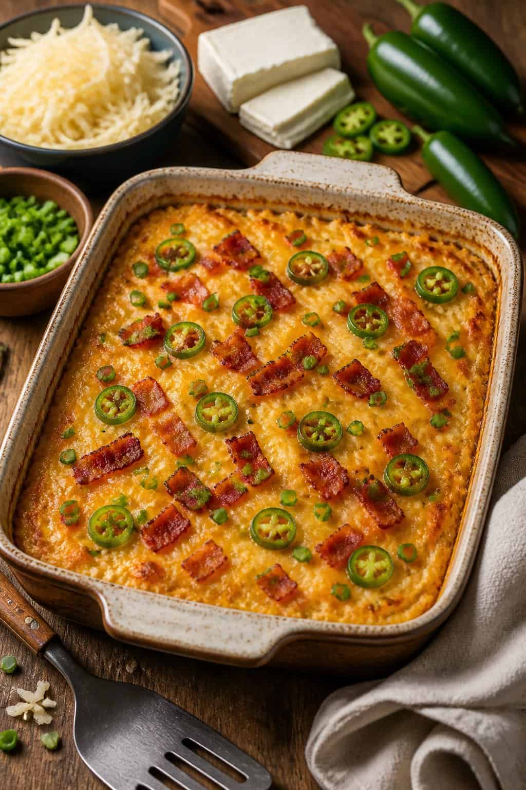 A golden brown jalapeño popper hashbrown casserole in a ceramic dish on a wooden table with fresh jalapeños and cooking ingredients around it.