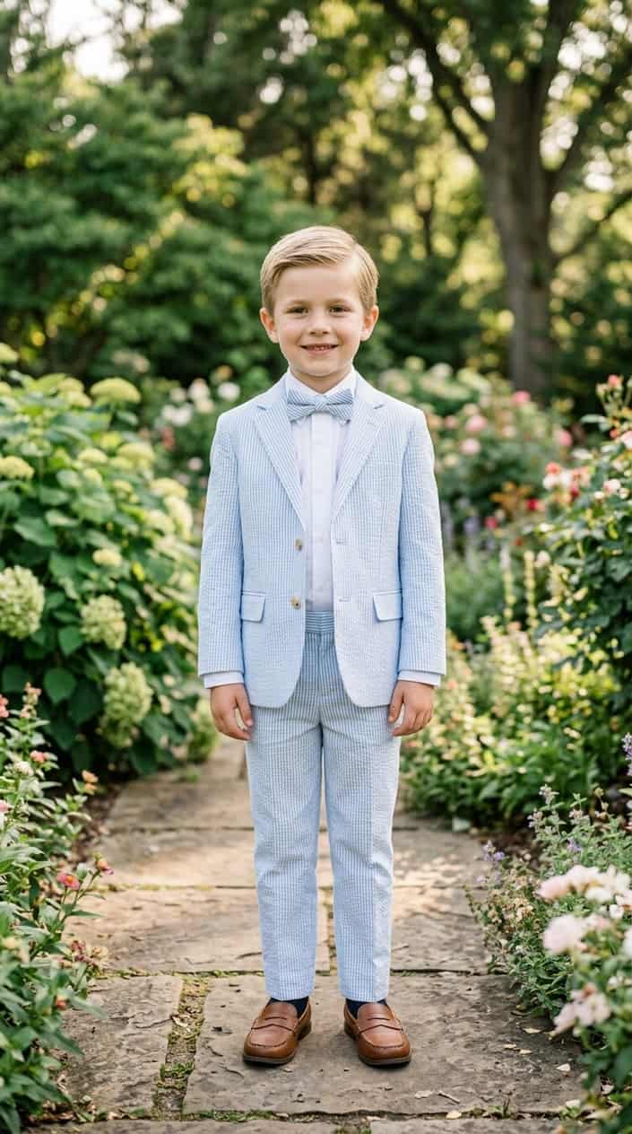 Summer Family Picture Outfits That Coordinate Without Looking Matchy 15 Young boy wearing a pastel seersucker suit with a matching bow tie, standing outdoors in a garden.
