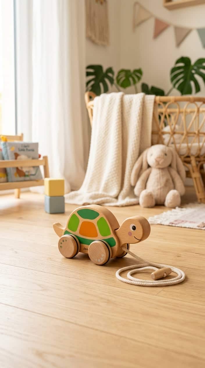 A wooden pull along turtle toy on a nursery floor surrounded by soft baby items and natural light.