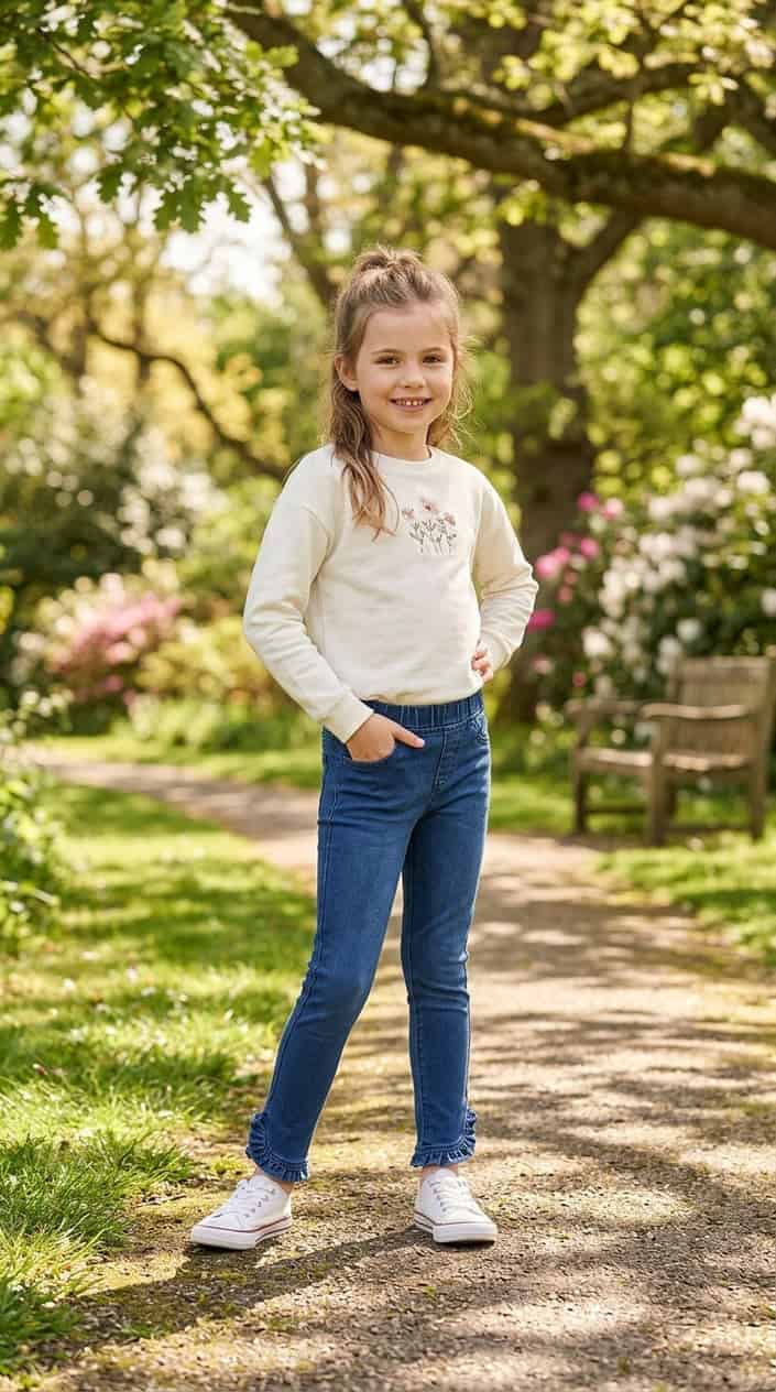 Little Girl Outfits She Won't Refuse to Wear 9 A young girl standing outdoors wearing jeggings with an elastic waist and ruffle hem, smiling and posing in a park setting.