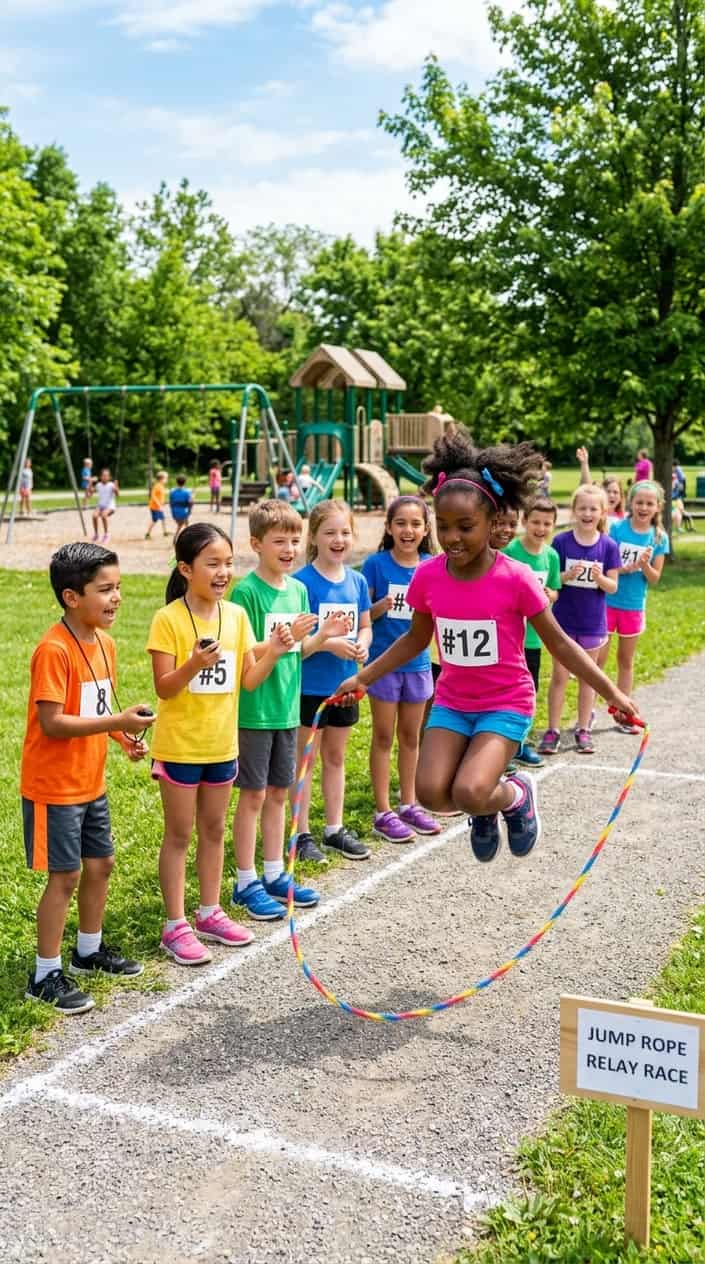Physical Activities for Kids to Burn Off Energy 4 Children participating in a jump-rope relay race outdoors, taking turns jumping rope and timing laps.