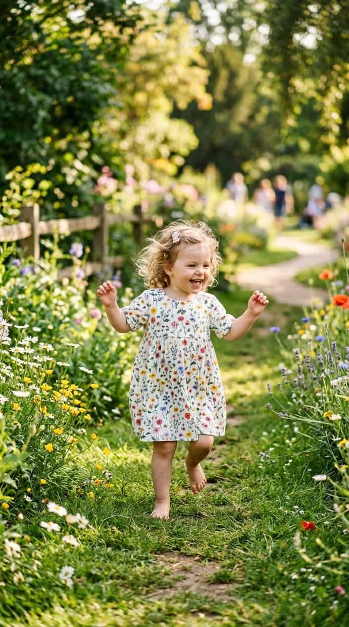 12 Cute Summer Dress Ideas for Toddler Girls Who Hate Wearing Dresses 14 A toddler girl happily playing outside in a comfortable summer dress in a sunny garden.