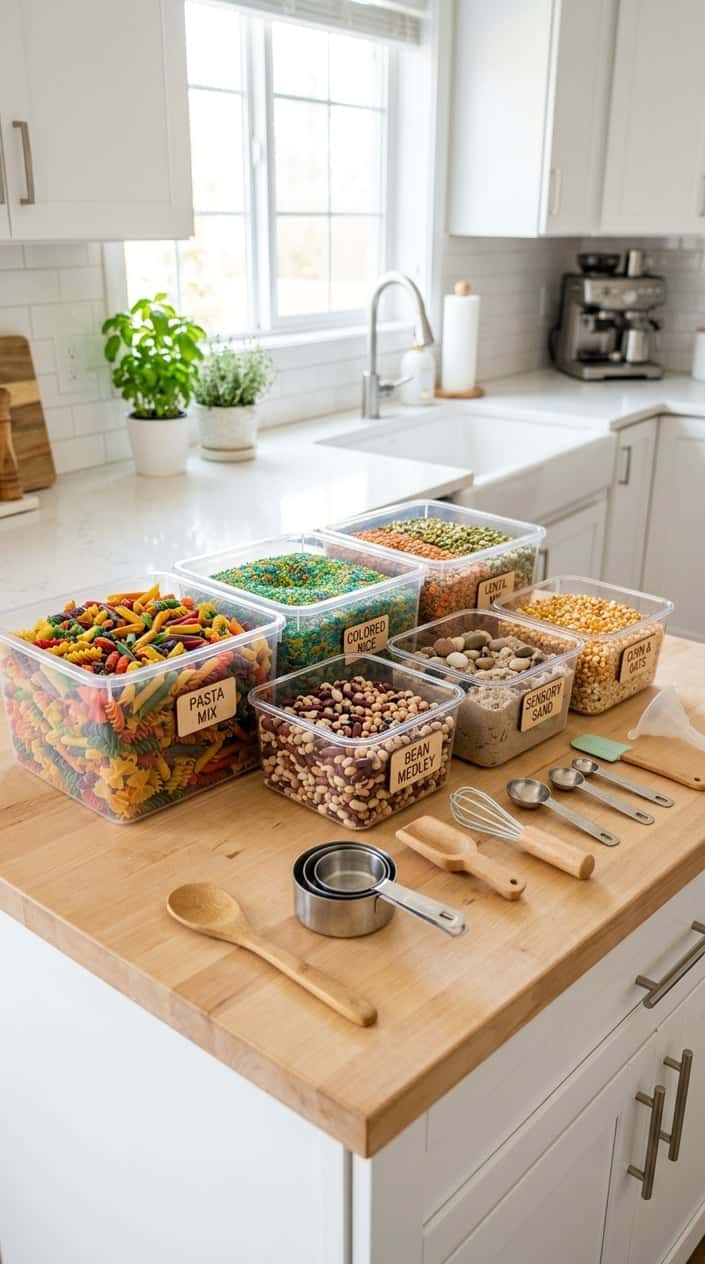 A clean kitchen countertop with clear containers filled with dried pasta, rice, and beans, alongside small kitchen utensils for sensory play.